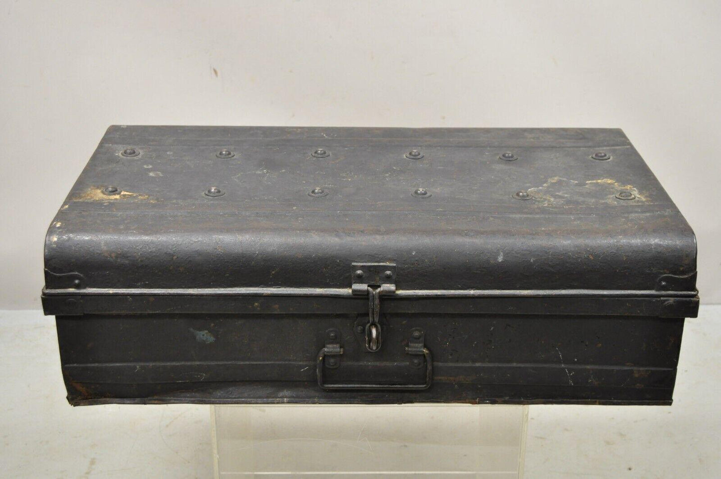 Antique Art Deco Steel Metal Military Weapons Black Storage Travel Trunk