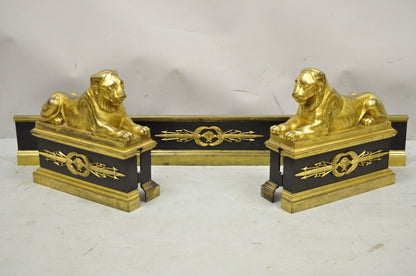 French Empire Neoclassical Bronze Lion Andirons Chenets with Fender - 3 pc set