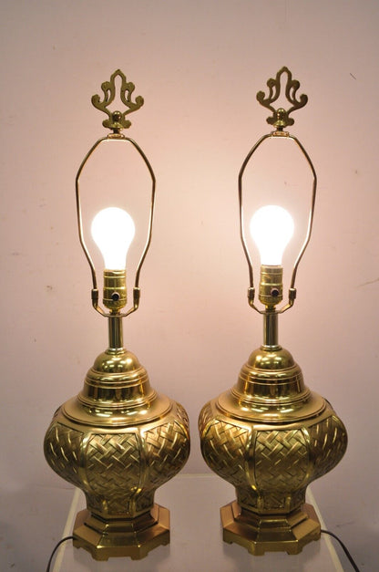 Vintage Brass Woven Basket Basketweave Hollywood Regency Table Lamps - a Pair