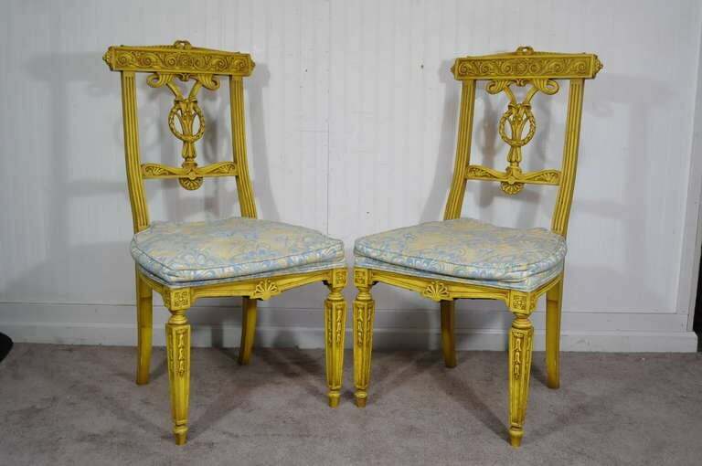 6 Yellow Painted French Regency Louis XVI Style Carved Dining Room Chairs