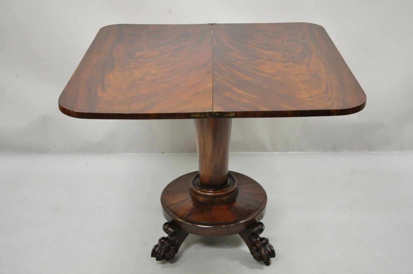 American Empire Crotch Flame Mahogany Paw Feet Pedestal Base Console Game Table