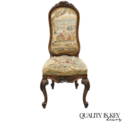 Vintage French Renaissance Style Walnut Baroque Figural Tapestry Side Chair