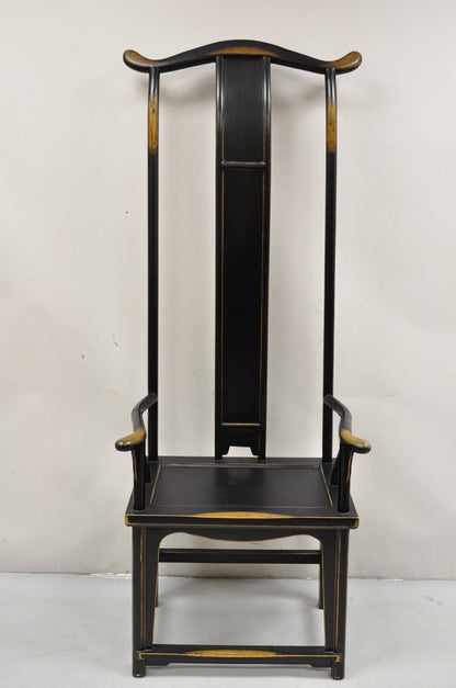 Chinese Ming Style Carved Wood High Back Black Throne Arm Chair
