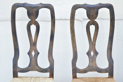 Spanish Rococo Rush Seat Distressed Carved Wood Dining Side Chairs - Set of 4