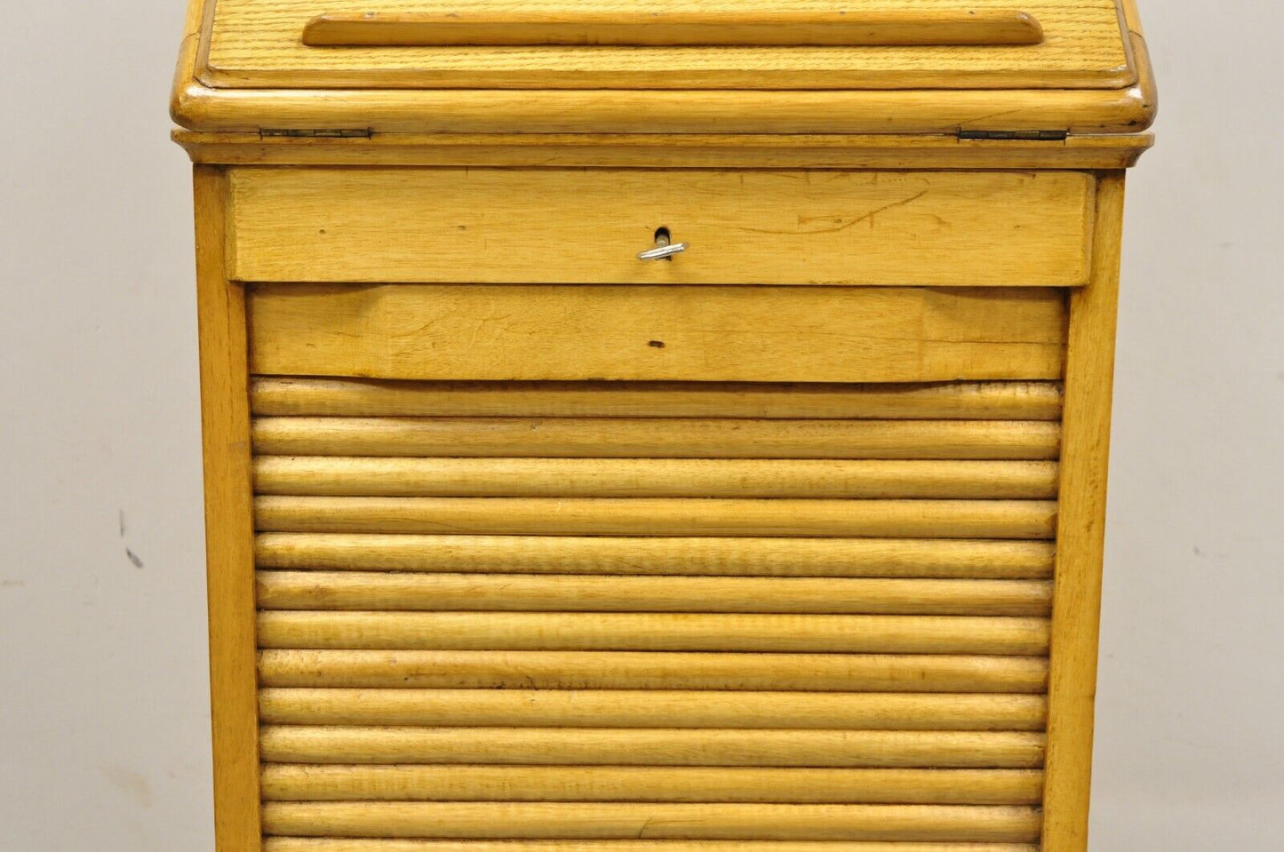 Antique Arts & Crafts Oak & Maple Wood Tambour Shutter Door Filing Cabinet