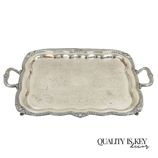 Antique English Victorian Large Silver Plated Scalloped Serving Platter Tray