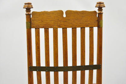 Antique Victorian Oak Wood Arts & Crafts Rocker Rocking Chair with Brass Accents