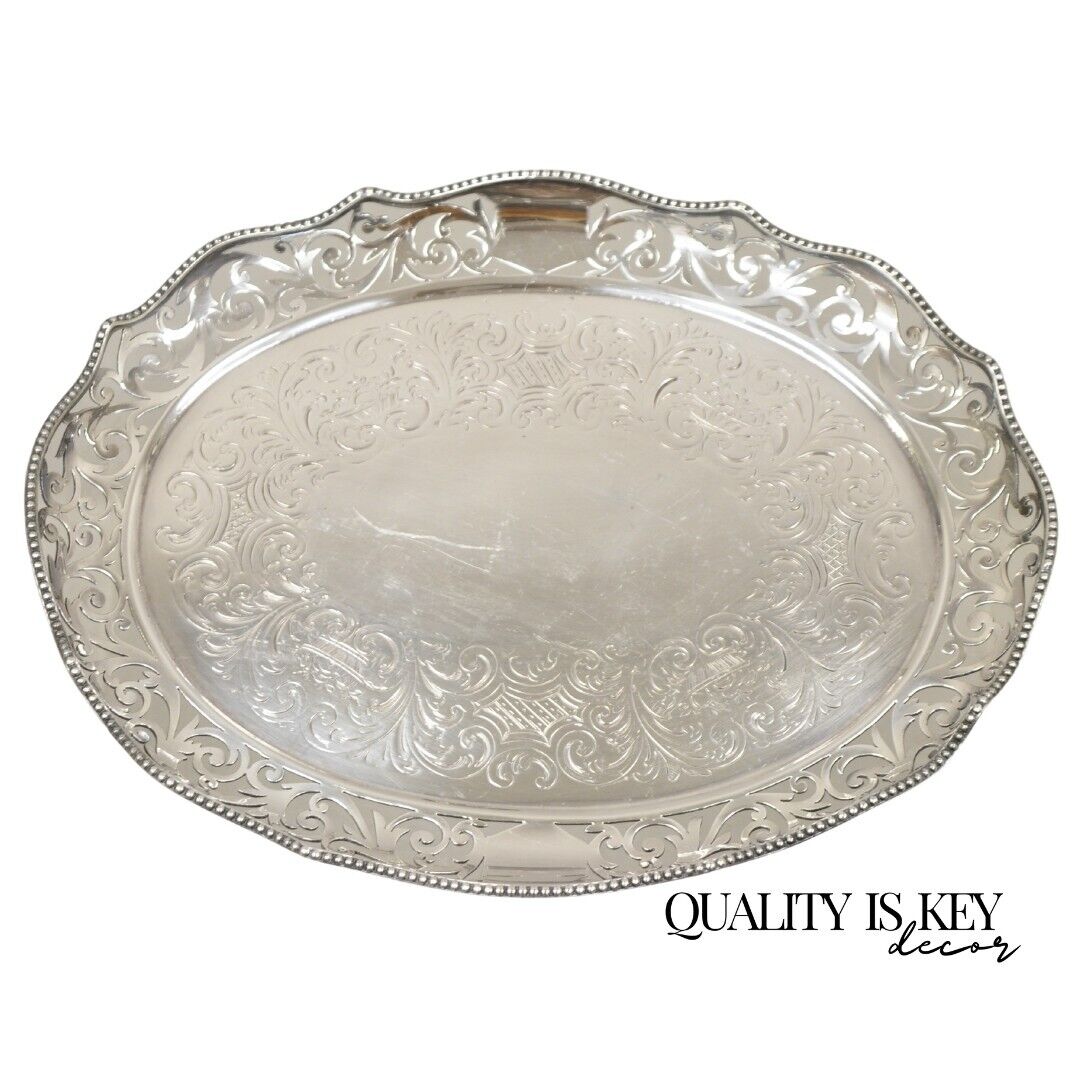 Antique Victorian Silver Plated Reticulated Scroll Gallery Small Oval Tray