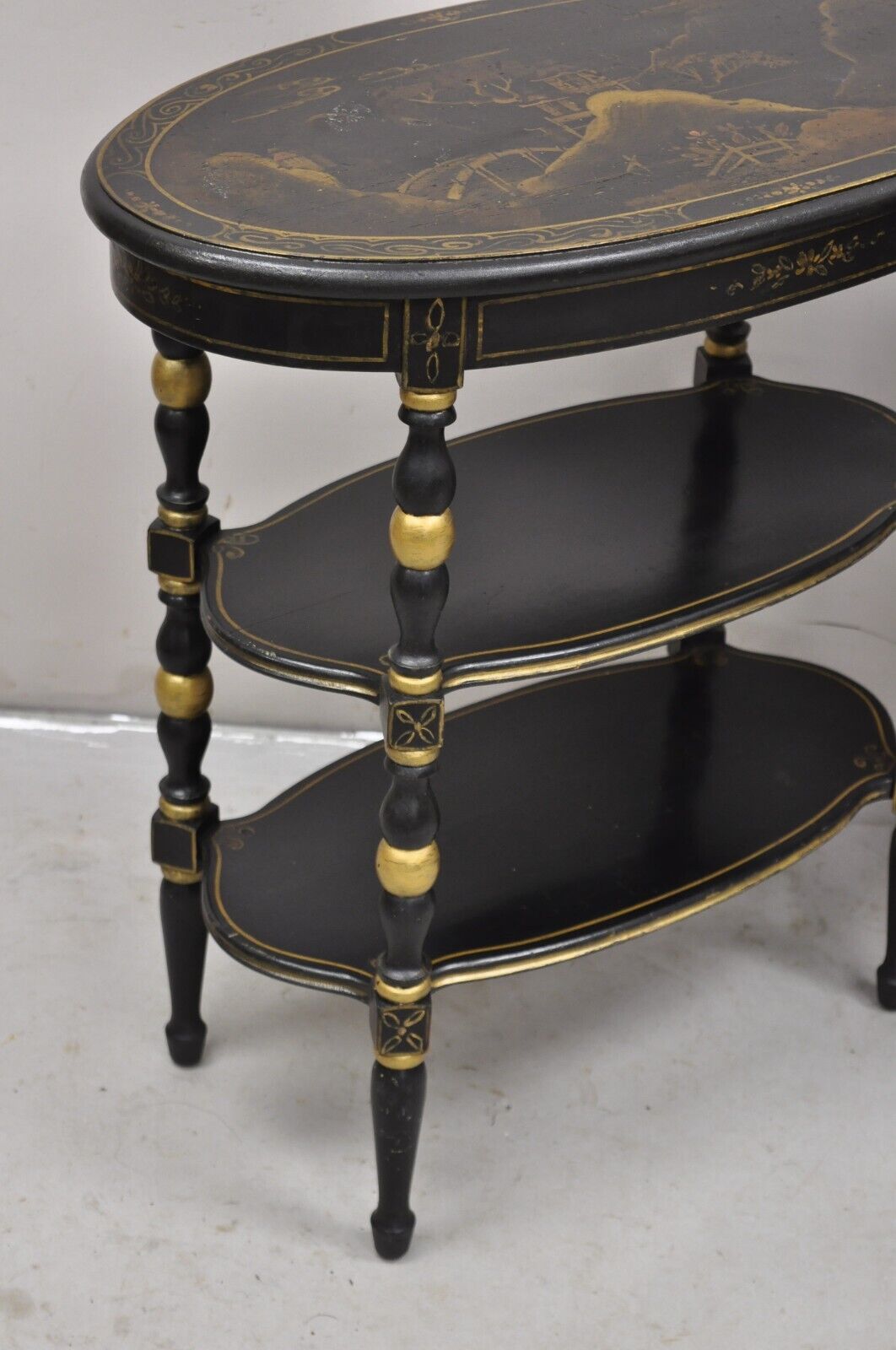 Vintage Chinoiserie Black Painted Oval 3 Tier Side Tables by Yeager - a Pair