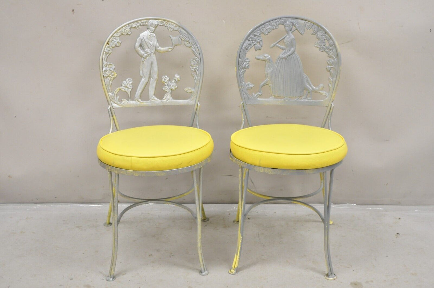 Victorian Style Cast Aluminum Courting Scene Garden Patio Bistro Chairs - a Pair