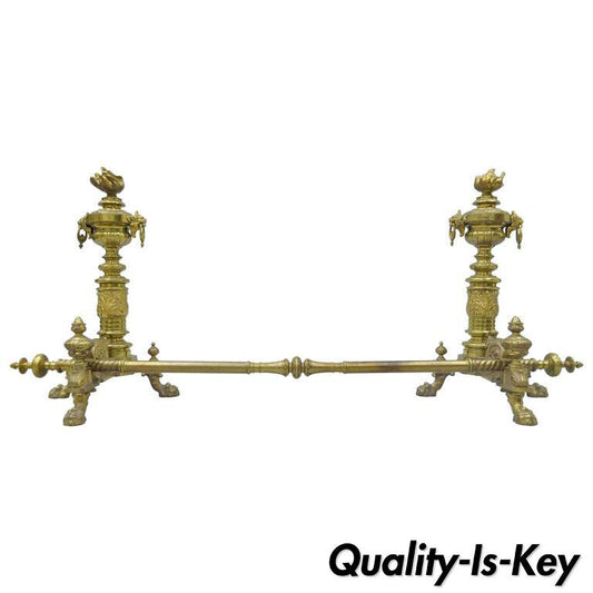 Pair of 19th C. French Empire Neoclassical Flame & Lion Brass Paw Andirons & Bar