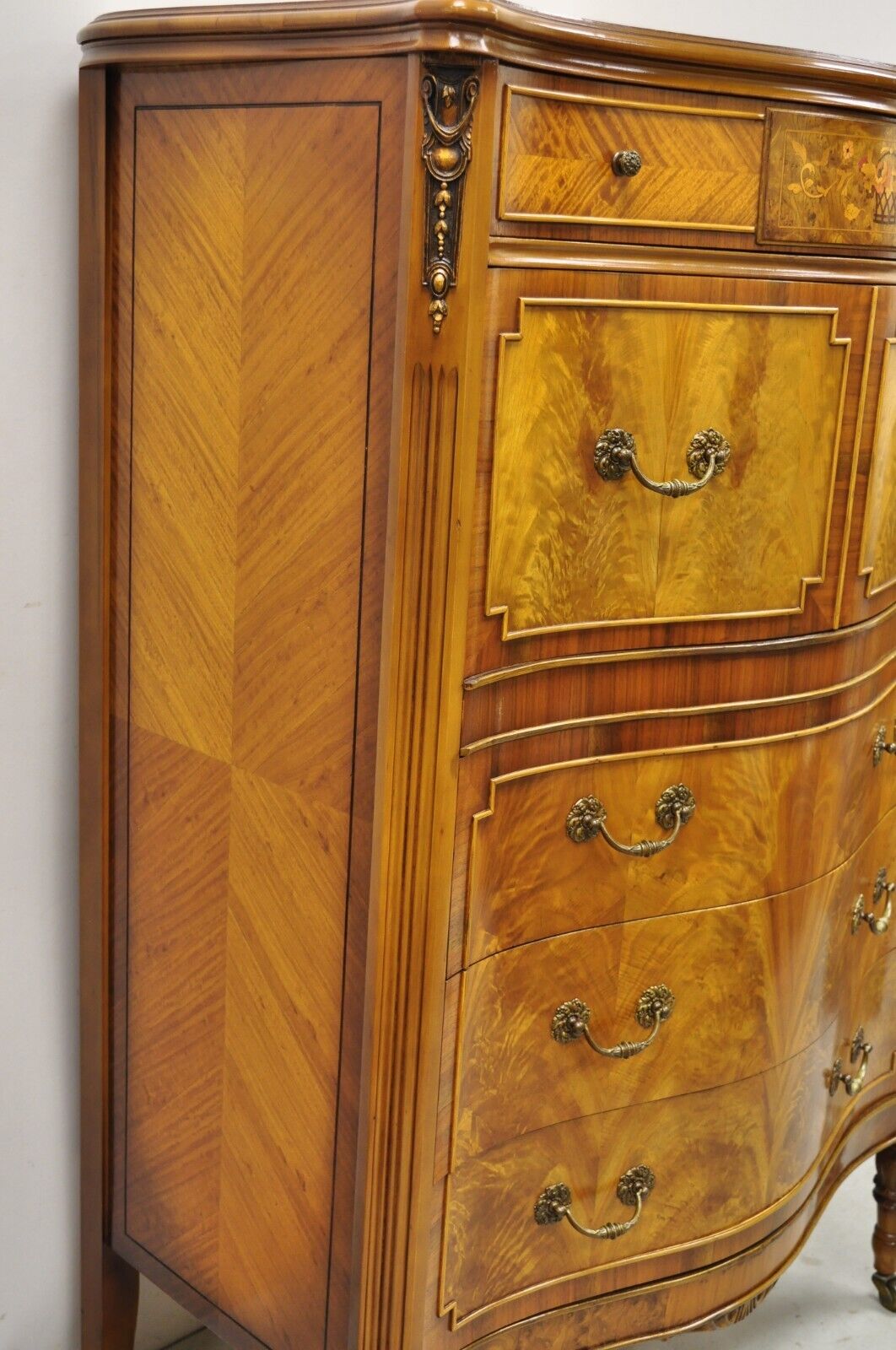 French Louis XV Style Satinwood Serpentine Highboy Tall Chest Dresser by Joerns