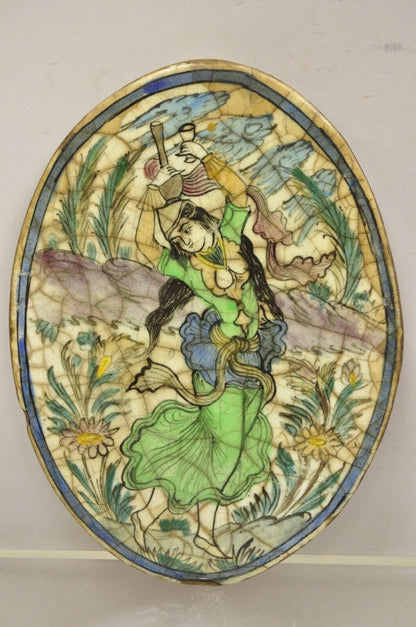 Antique Persian Iznik Qajar Style Ceramic Pottery Oval Tile Green Lady Dancer C3