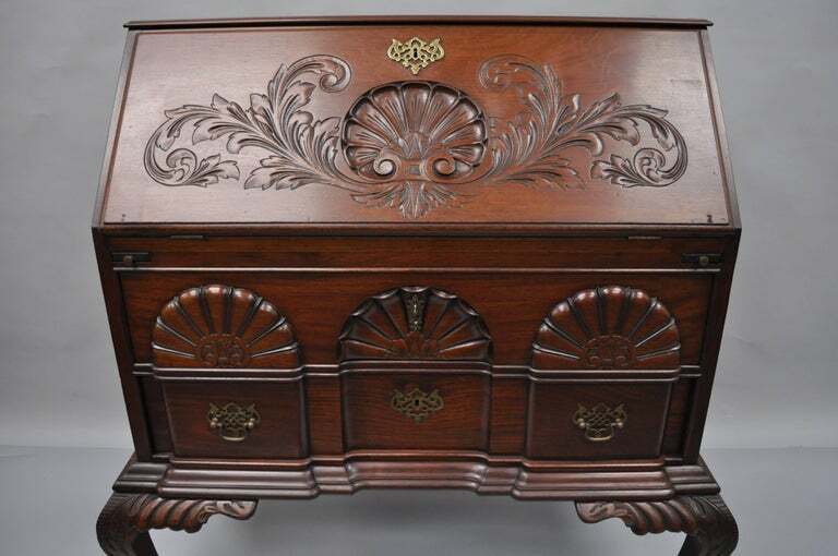 19th C Chippendale Style Mahogany Block Front Shell Carved Secretary Desk Lowboy