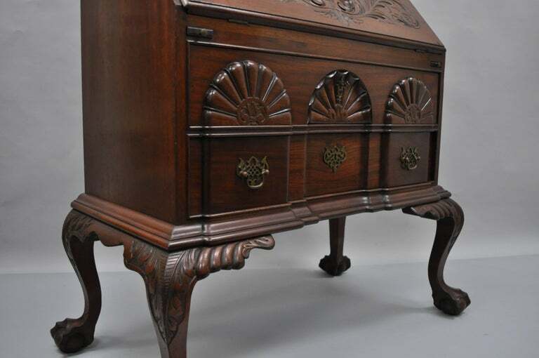 19th C Chippendale Style Mahogany Block Front Shell Carved Secretary Desk Lowboy