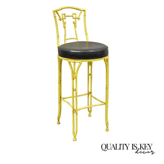 Vintage Chinese Chippendale Yellow Faux Bamboo Cast Aluminum Barstool Stool