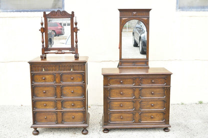 Antique Oak Jacobean Style Carved Wood Chest of Drawers Low Chest Dresser