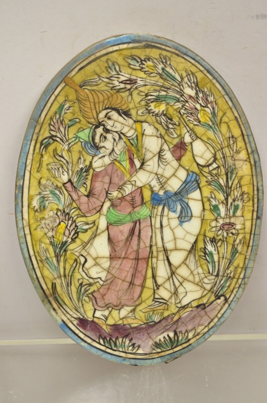 Antique Persian Iznik Qajar Style Ceramic Pottery Oval Tile Hugging Couple C3