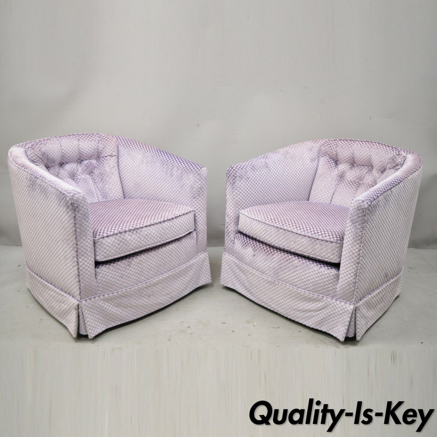 Pair Mid Century Modern Milo Baughman Style Purple Barrel Back Lounge Chairs