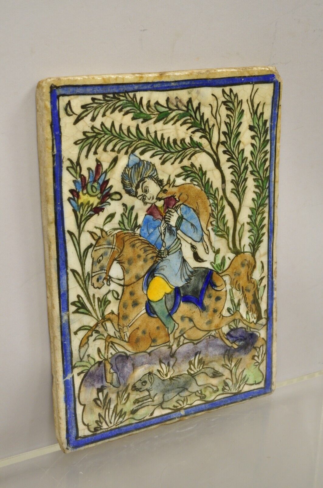 Antique Persian Iznik Qajar Style Ceramic Pottery Tile Horse Rider Hunt Scene C1