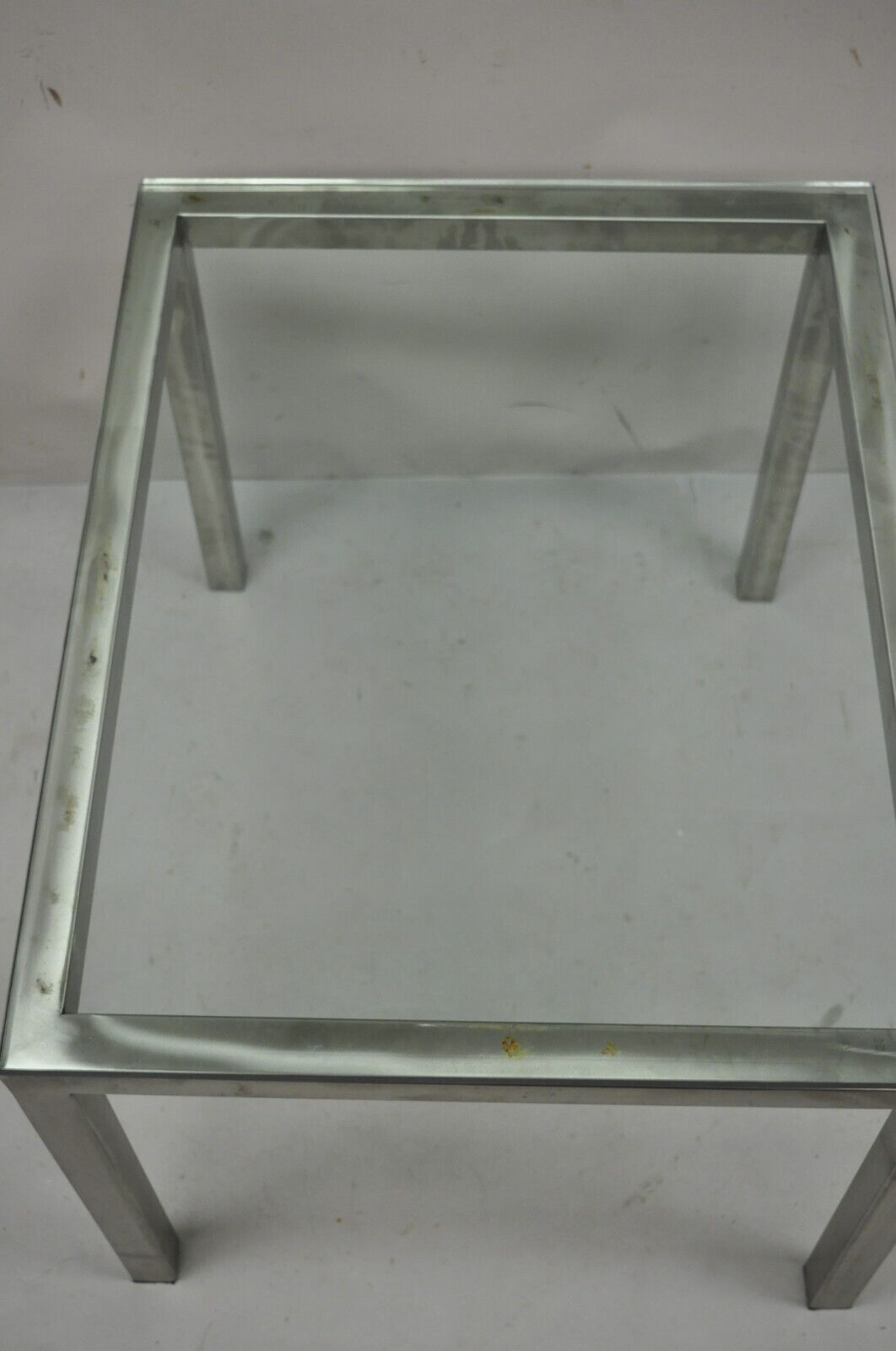 Mid Century Modern Brushed Metal Glass Top Baughman Style Side Table