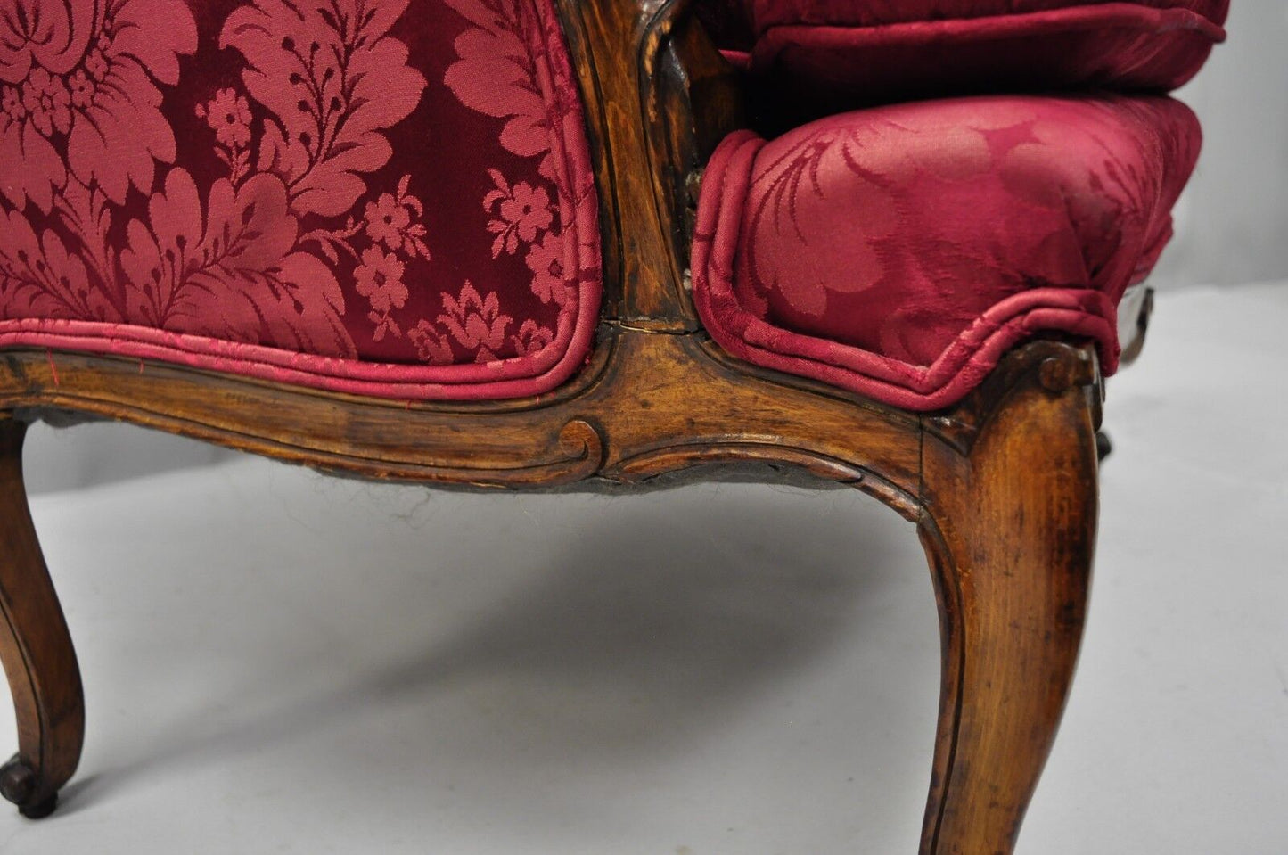 Antique French Country Louis XV Style Walnut Burgundy Small Wingback Settee