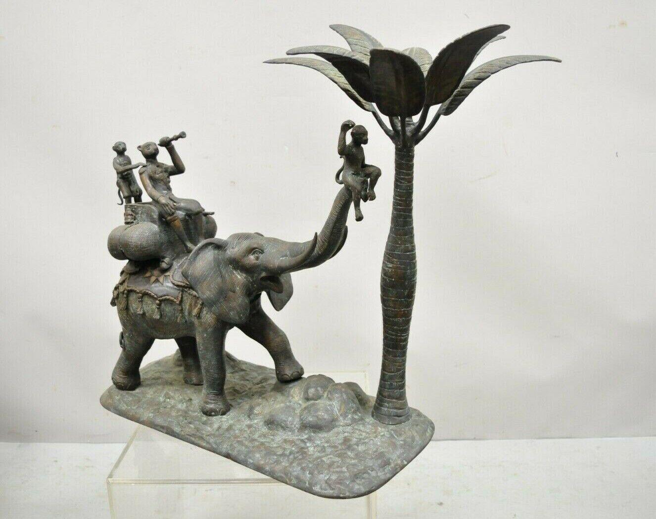 Maitland Smith Bronze Monkey Elephant Palm Tree Sculpture Candle Holder - a Pair