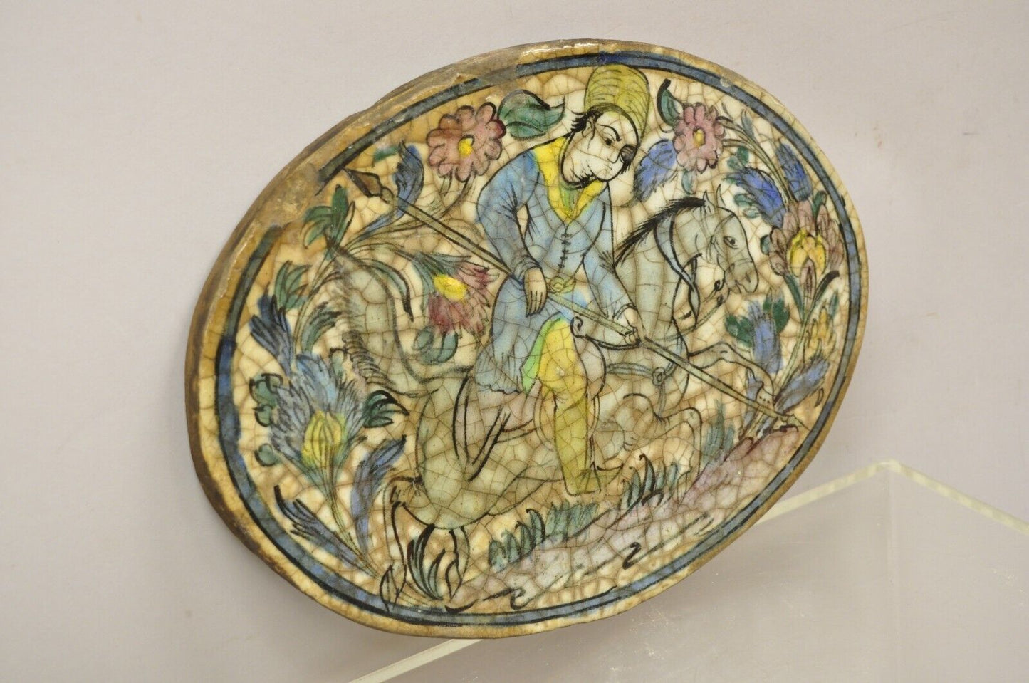 Antique Persian Iznik Qajar Style Ceramic Pottery Blue Oval Horse Rider Tile C3