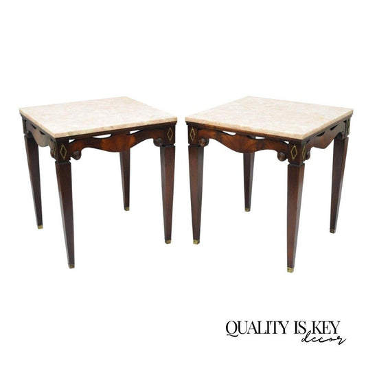Pair of Antique Pink Marble Top Mahogany End Tables Regency Square Weiman Era