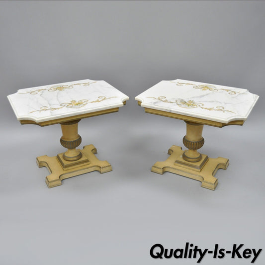 Vtg French Empire Neoclassical Style Marble Top Wood Urn Base Side Tables a Pair