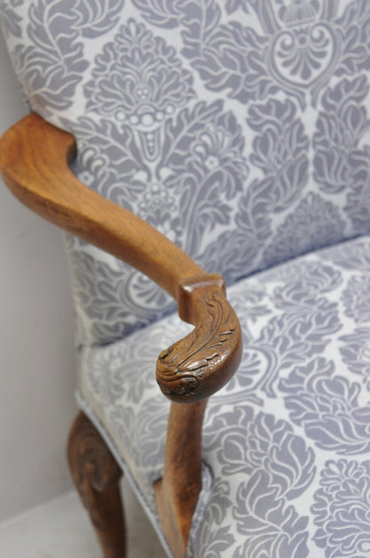 Chippendale Georgian Style Ball & Claw Carved Mahogany Blue Upholstery Arm Chair