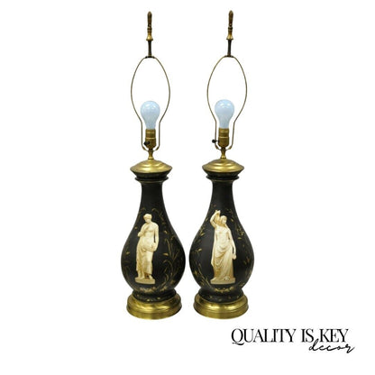 Antique French Neoclassical Black Porcelain Classical Bulbous Table Lamps - Pair