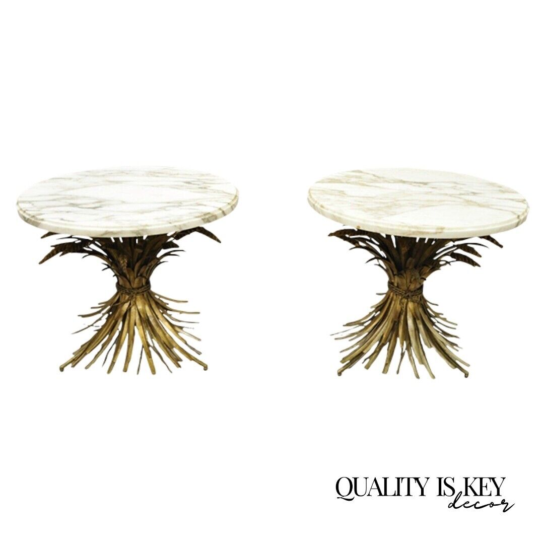 Pair Italian Hollywood Regency Gold Gilt Iron Wheat Sheaf Marble Top Side Table