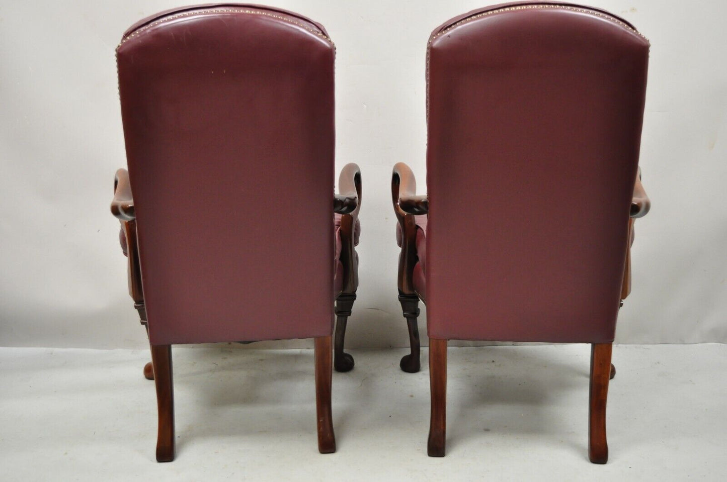 St Timothy Chair Co Burgundy Leather Queen Anne Library Office Arm Chairs - Pair