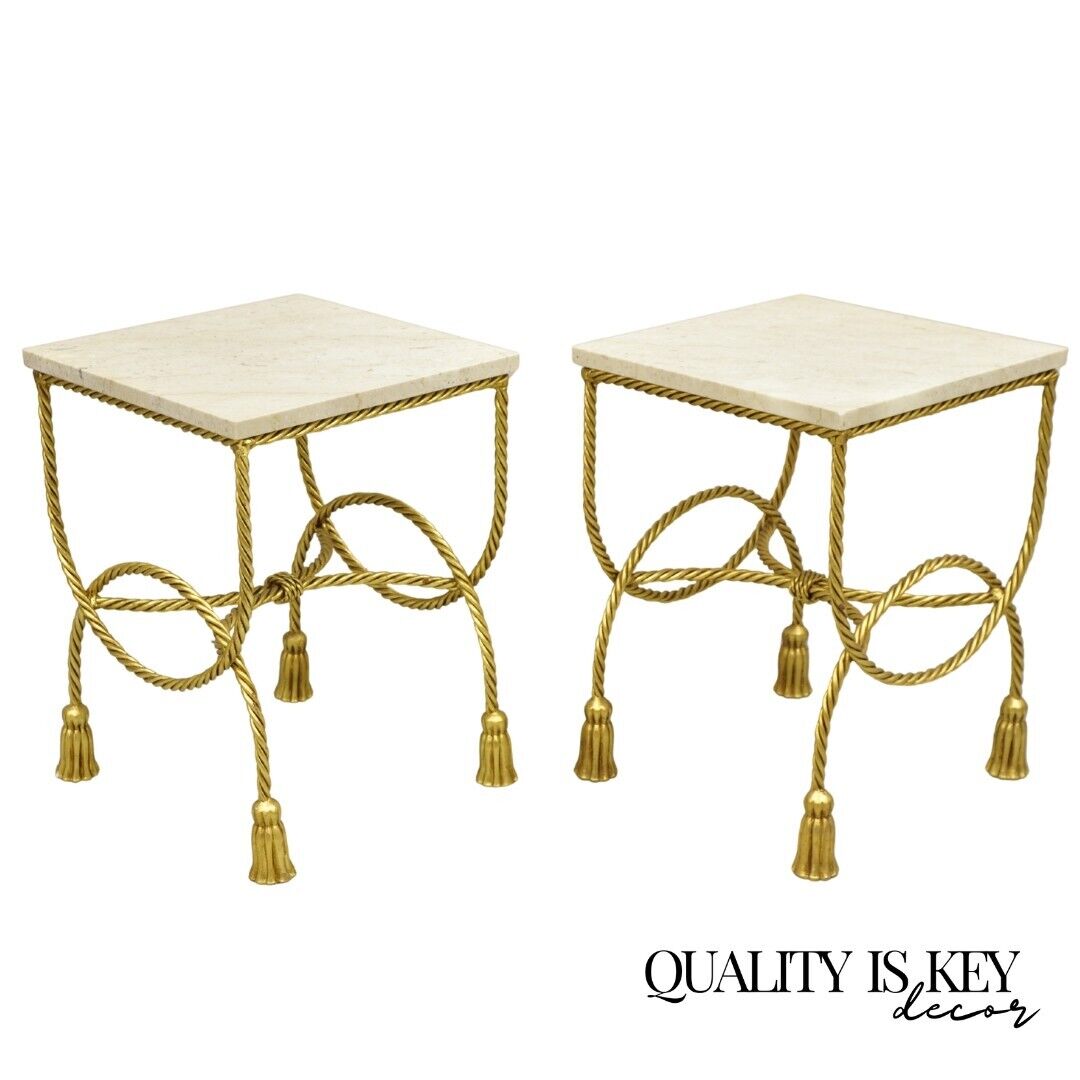 Italian Hollywood Regency Gold Gilt Iron Rope Tassel Marble Top Side Table Pair