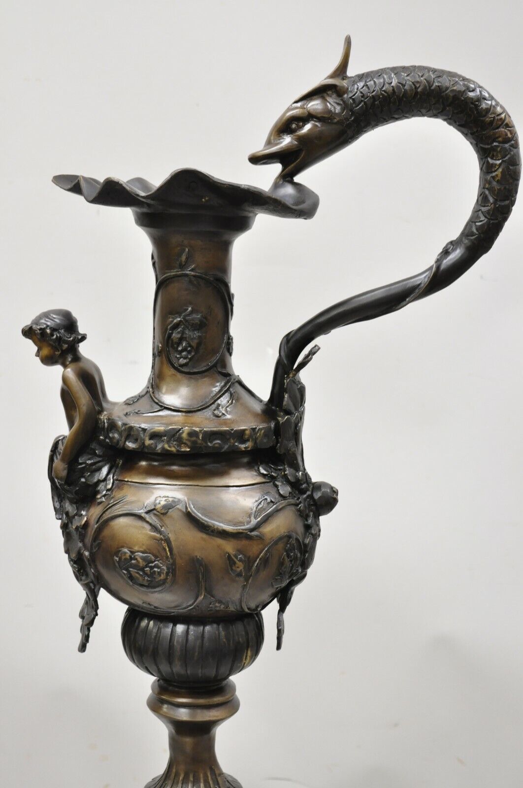 20th Century French Empire Style Large Figural Bronze Urn Ewer Vase with Cherub