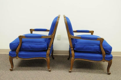 Pair Baker Furniture Provincial French Country Louis XV Blue Bergere Arm Chairs