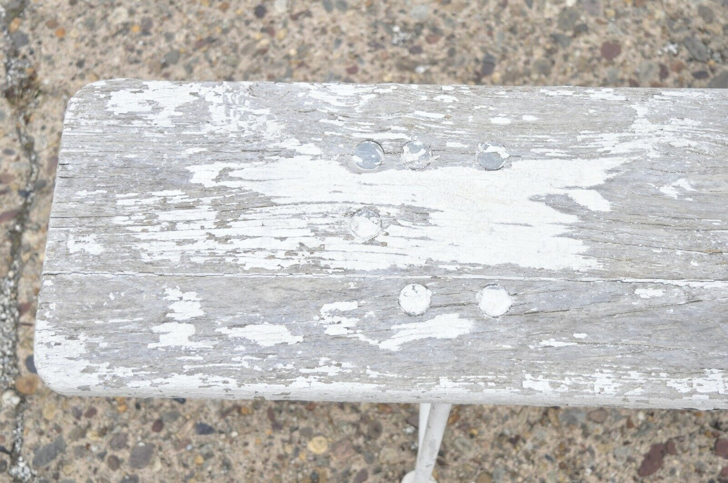 Antique French Industrial 94" Long White Distress Paint Wrought Iron Wood Bench