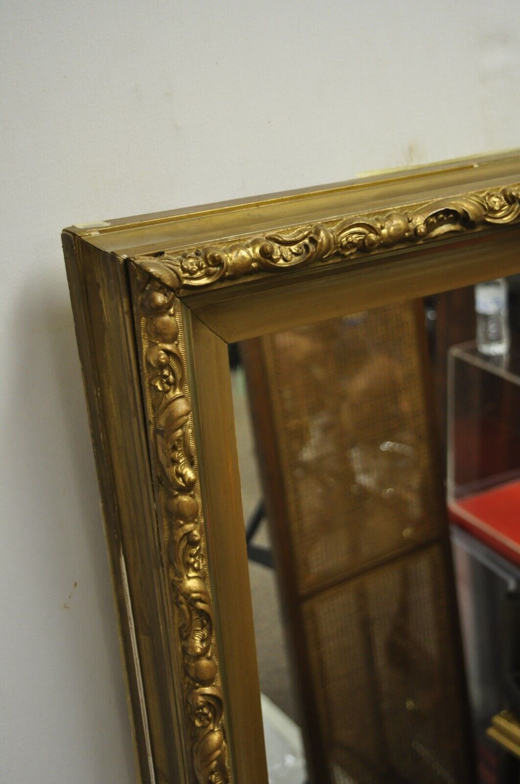 Antique Gold Giltwood Gesso 30" French Victorian Deep Frame Wall Mirror