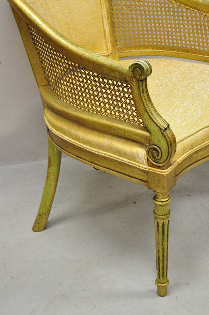 French Hollywood Regency Gold Gilt Barrel Back Cane Lounge Chairs - a Pair