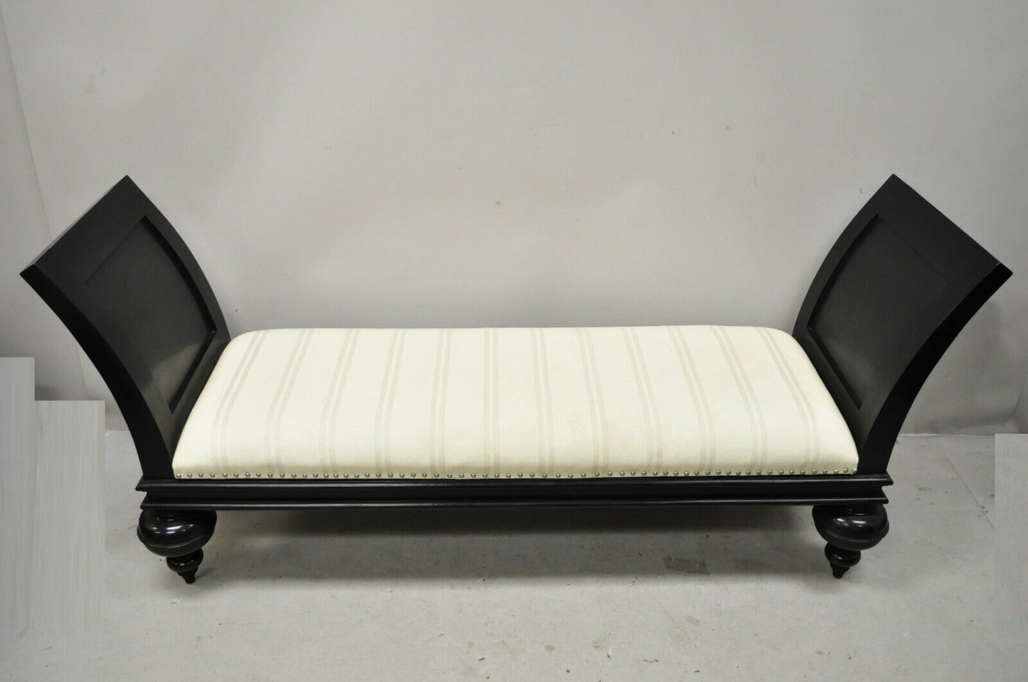 Late 20th C Hollywood Regency Italian Style Large Black Bun Feet Window Bench