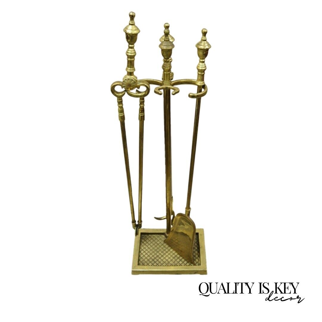 Vintage Solid Brass Federal Style Urn Finial Fireplace Tool Set and Stand
