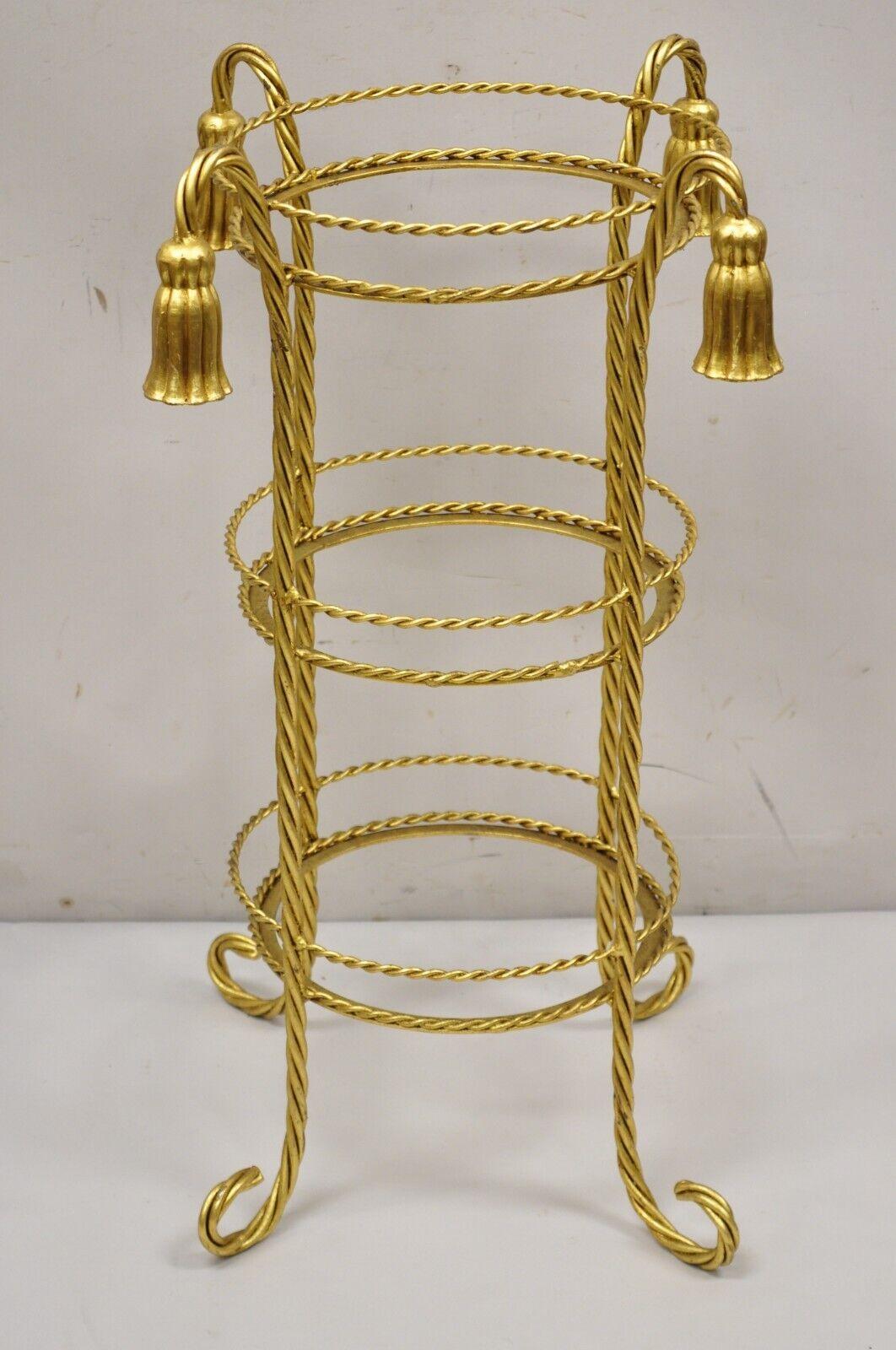 Italian Hollywood Regency 3 Tier Gold Iron Rope Tassel Stand Side Tables - Pair