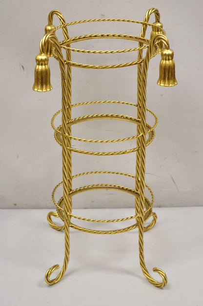 Italian Hollywood Regency 3 Tier Gold Iron Rope Tassel Stand Side Tables - Pair