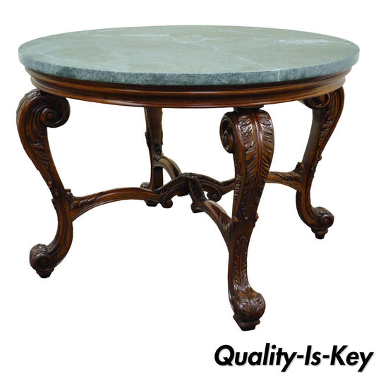 French Louis XV Style Carved Mahogany and Green Marble-Top Round Center Table