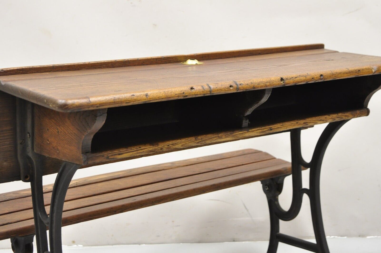 Antique Victorian Wood & Cast Iron Children's School Desk w/ Folding Bench Seat