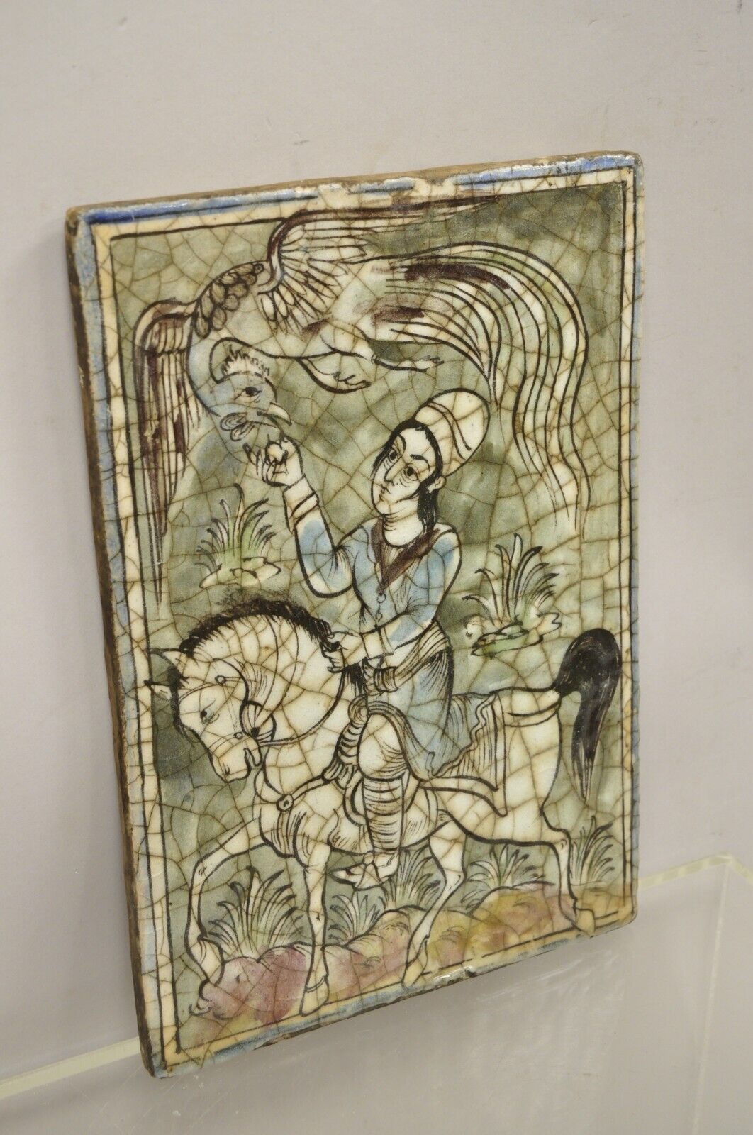 Antique Persian Iznik Qajar Style Ceramic Pottery Tile Light Blue Bird Rider C1