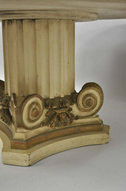 Green Marble Top Fluted Wood Corinthian Column Pedestal Base Round Coffee Table