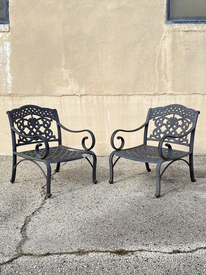 Cast Aluminum Mediterranean Tuscan Scrolling Garden Patio Club Chairs - a Pair