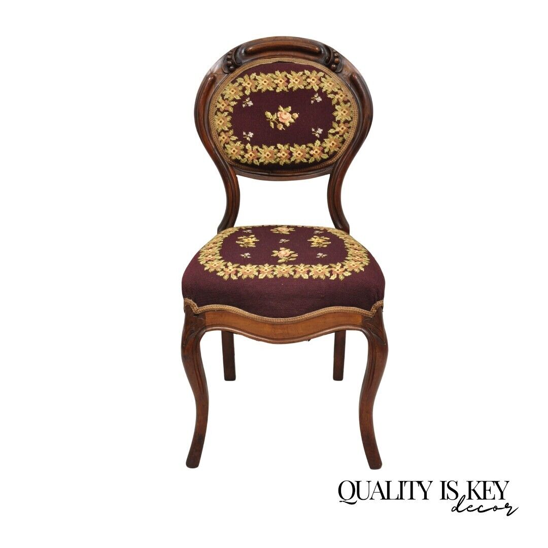 Victorian Burgundy Floral Needlepoint Carved Mahogany Balloon Back Side Chair